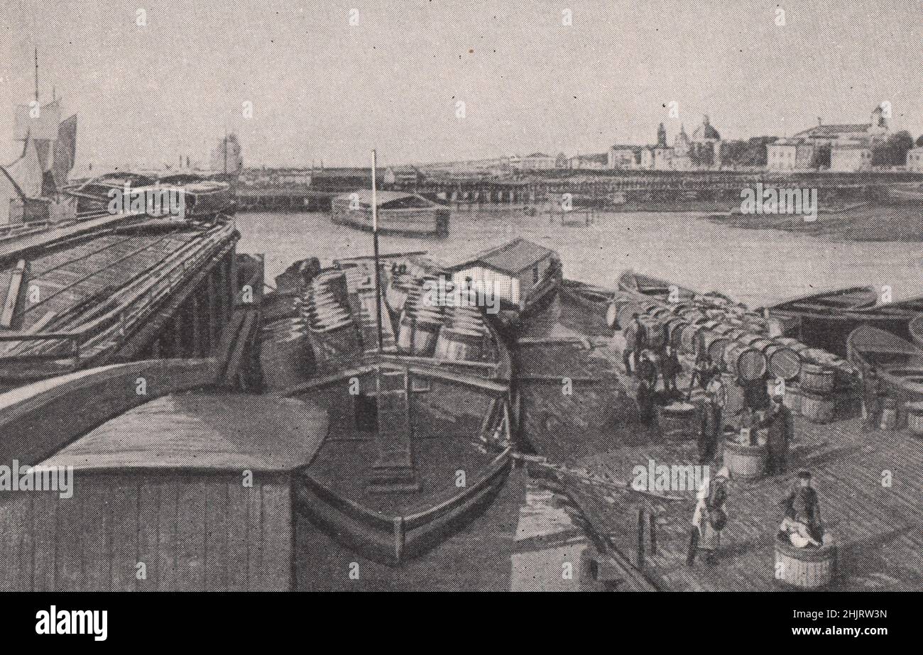 Entladung von Fracht im Hafen von Erzengel. Russland (1923) Stockfoto