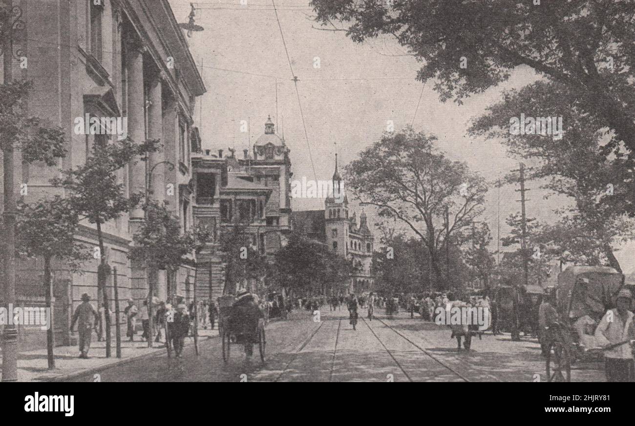 Blick entlang des breiten, von Bäumen gesäumten bundes nach Shanghai. China (1923) Stockfoto