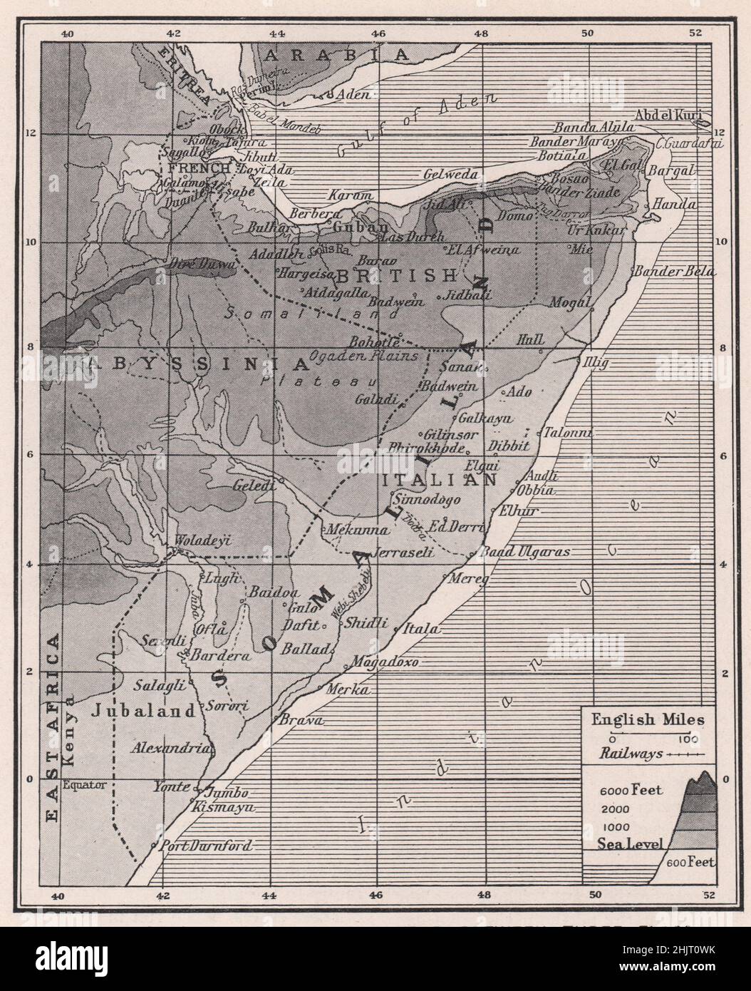Die Abfälle von Somaliland teilten sich zwischen drei Flaggen auf. Somalia (Karte 1923) Stockfoto