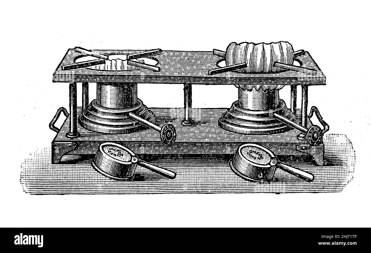 Zweiflammiger Herdkocher aus dem Jahr 1895 / Zweiflammiger Herdkocher aus dem Jahr 1895, Historisch, historisch, digital verbesserte Reproduktion eines Originals aus dem 19th. Jahrhundert / digital restaurierte Reproduktion einer Originalvorlage aus dem 19. Jahrhundert, das Originaldatum ist nicht bekannt Stockfoto
