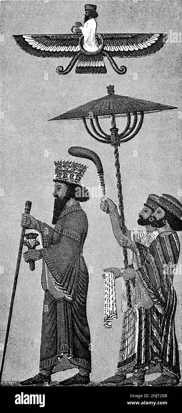 Dareios mit seinem Schirmträger, nach einer Darstellung im Palast zu Persepolis, Persen, Dareios I, 549 v. Chr. - 486 v. Chr., oft auch Dareios der große genannt, war ab 522 v. Chr. Großkönig des persischen Achämenidenreich / Darius mit seinem Schirmträger, nach einer Darstellung im Palast bei Persepolis, Persien, Darius I, 549 v. Chr. - 486 v. Chr., oft Darius der große genannt, war ab 522 v. Chr. Großkönig des persischen Achämenidenreiches, Historisch, historisch, Digital verbesserte Reproduktion eines Originals aus dem 19th. Jahrhundert / digital restaurierte Reproduktion einer Originalvorlage aus dem Stockfoto