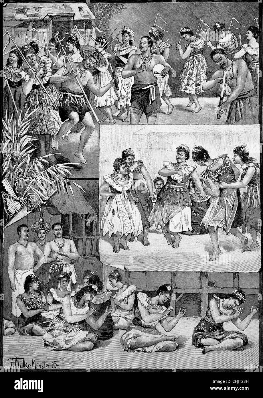 Tänze aus Samoa, Sitztanz, Kriegsstanz, Hundetanz / Tänze aus Samoa, Sitztanz, Kriegstanz, Hundetanz, Historisch, Historische, digital verbesserte Reproduktion eines Originals aus dem 19th. Jahrhundert / digital restaurierte Reproduktion einer Originalvorlage aus dem 19. Jahrhundert, das Originaldatum ist nicht bekannt Stockfoto