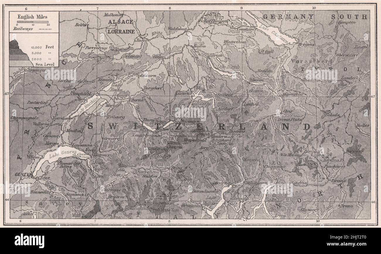 Die vom Fluss geritzte Ebene und die verworrene Alpenmasse, die die Schweiz bilden (Karte von 1923) Stockfoto