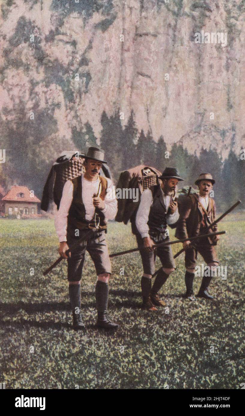 Wo der Wagen den Bergsteiger nicht erreichen kann, werden Vorkehrungen getroffen, damit die Bauern ihre Verpflegung zu den Almhütten tragen können. Österreich. Tirol (1923) Stockfoto