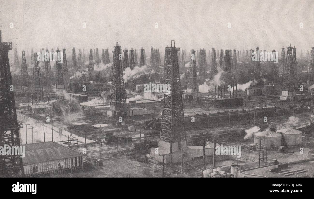 Wald von Derricks auf dem Huntington Beach Ölfeld im Los Angeles District von Kalifornien. Vereinigte Staaten (1923) Stockfoto