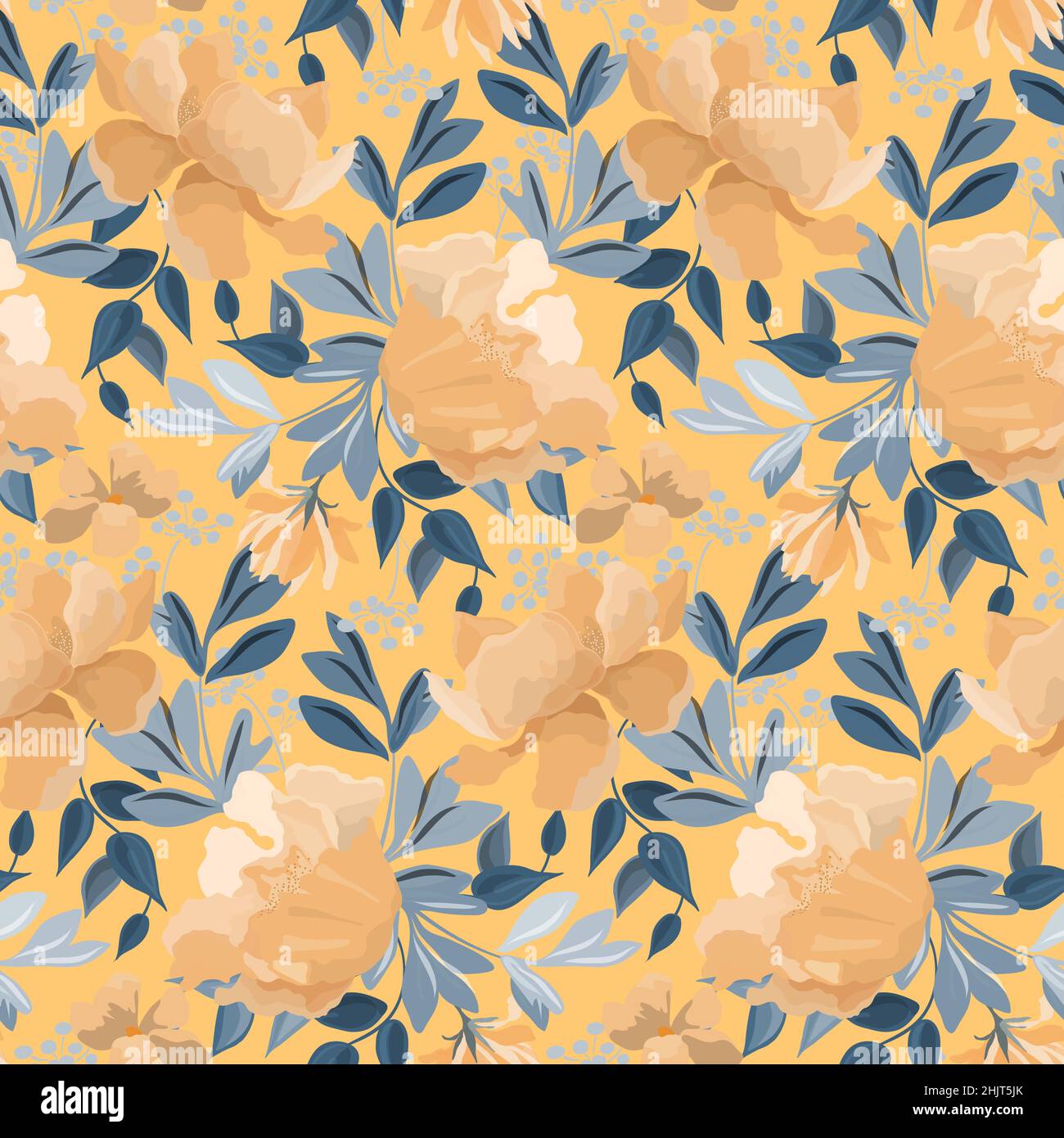 Vektor-Nahtloses Blumenmuster. Design mit gelb-orangen Blüten und grünen Blättern auf gelbem Hintergrund. Stock Vektor
