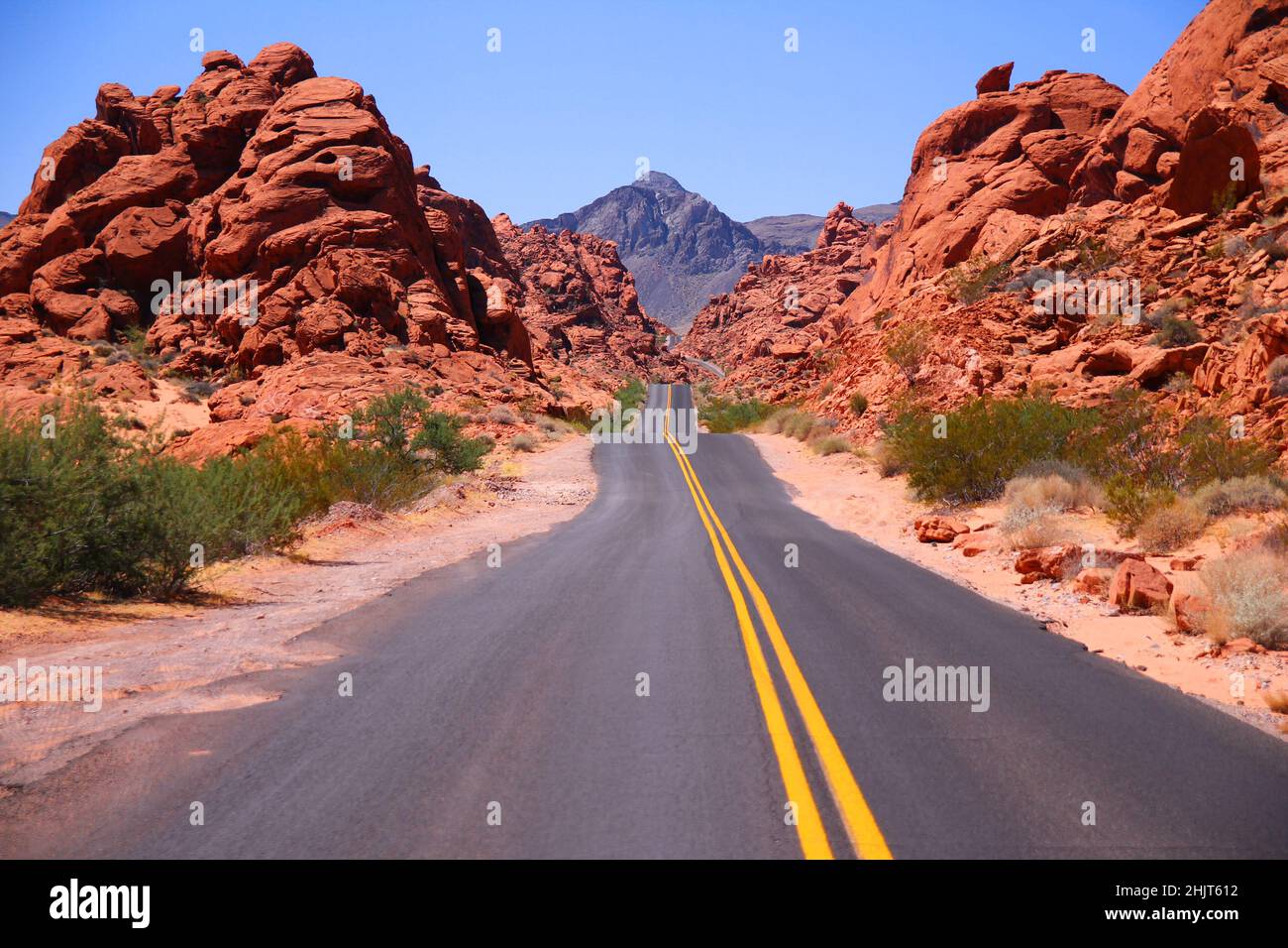 Die Unebenheiten der Straße in der Red Rocks Canyon des Valley of Fire in Nevada Stockfoto
