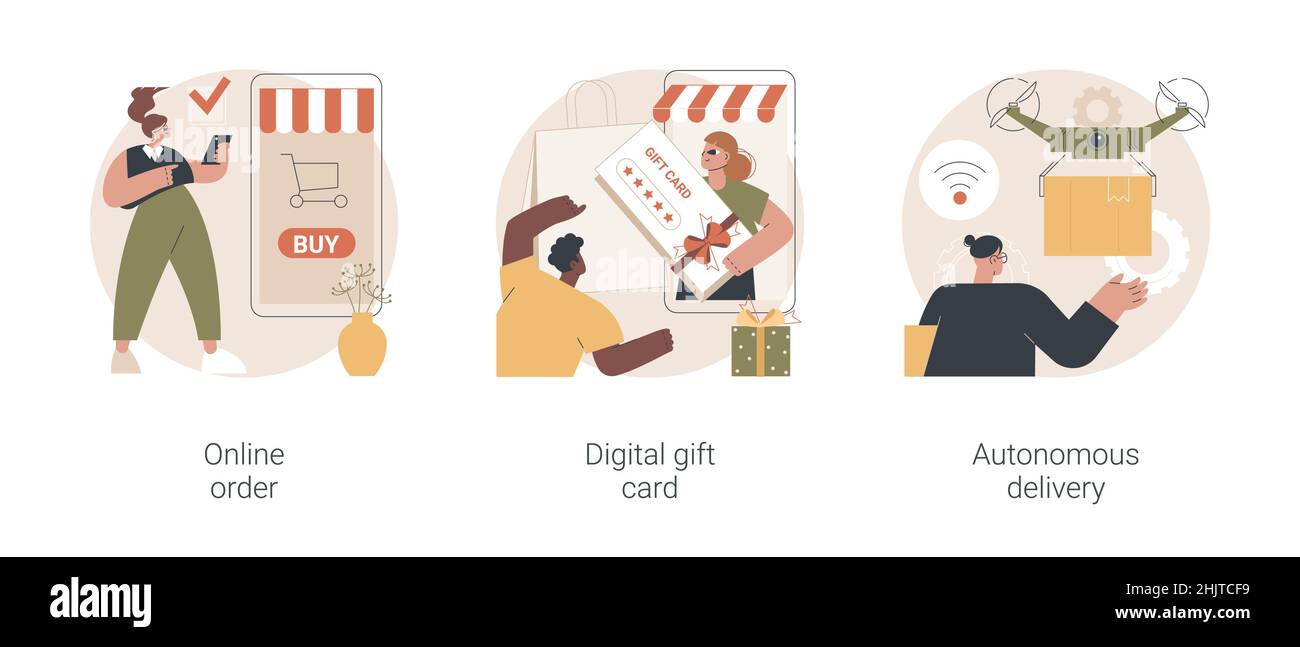 Keine abstrakte Konzeptvektordarstellung für Kontaktbestellung und Lieferung. Online-Bestellung, digitale Geschenkkarte, autonome Lieferung, Kauf von Waren im Internet, Zertifikat online, Drohne verwenden abstrakte Metapher. Stock Vektor