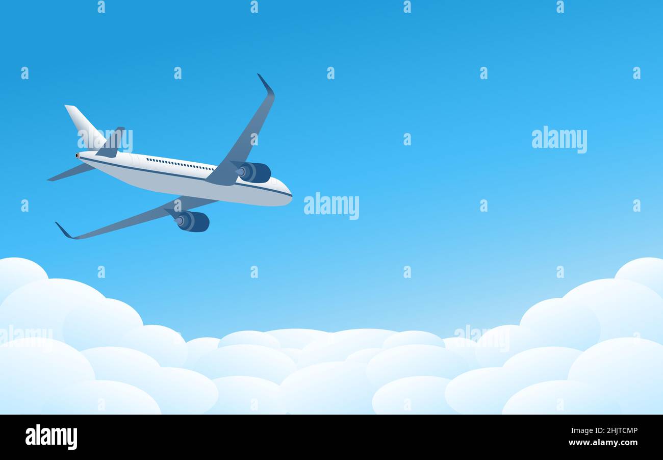 Kommerzielles Düsenflugzeug, das über Wolken mit blauem Hintergrund fliegt - Vektor-Illustration Stock Vektor