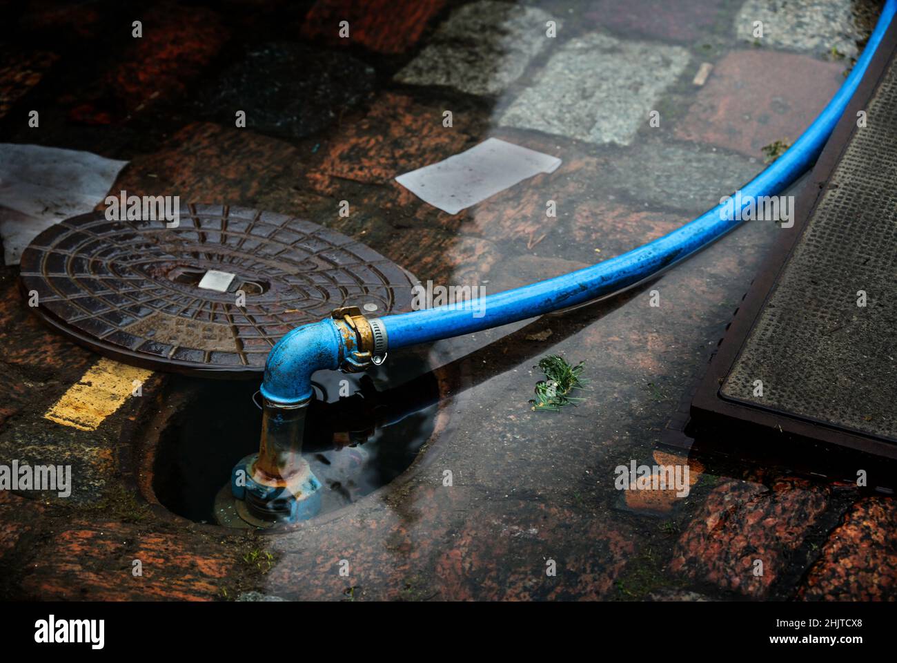 Blauer Wasserschlauch, verbunden mit einem überfluteten unterirdischen Hydranten in einer gepflasterten Straße, Kopierraum, ausgewählter Fokus, enge Schärfentiefe Stockfoto