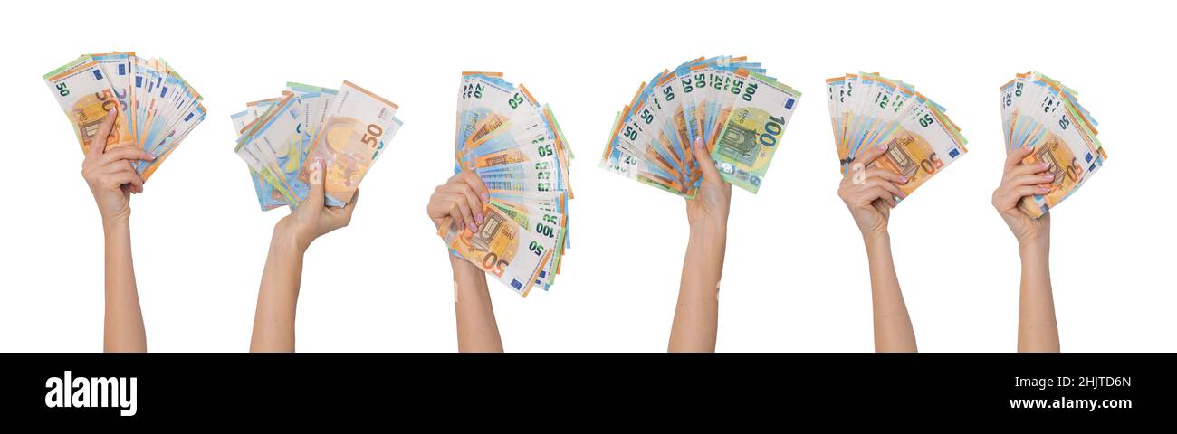 Hände mit Euro-Geldscheinen isoliert auf weißem Hintergrund. Stockfoto