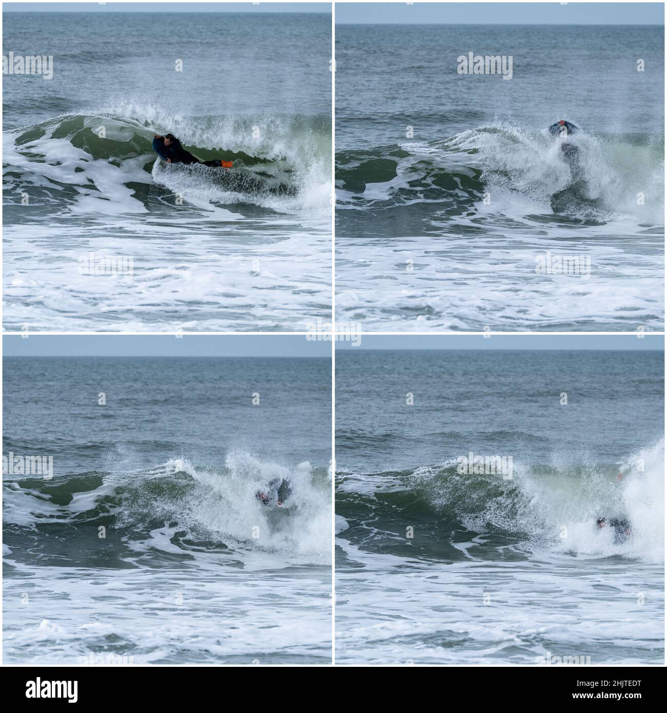 Bodyboarder, der an einem bewölkten Wintertag einen Tubentrick beim Surfen im Ozean-Wellenreiten der Ozeanwelle durchführt. Stockfoto