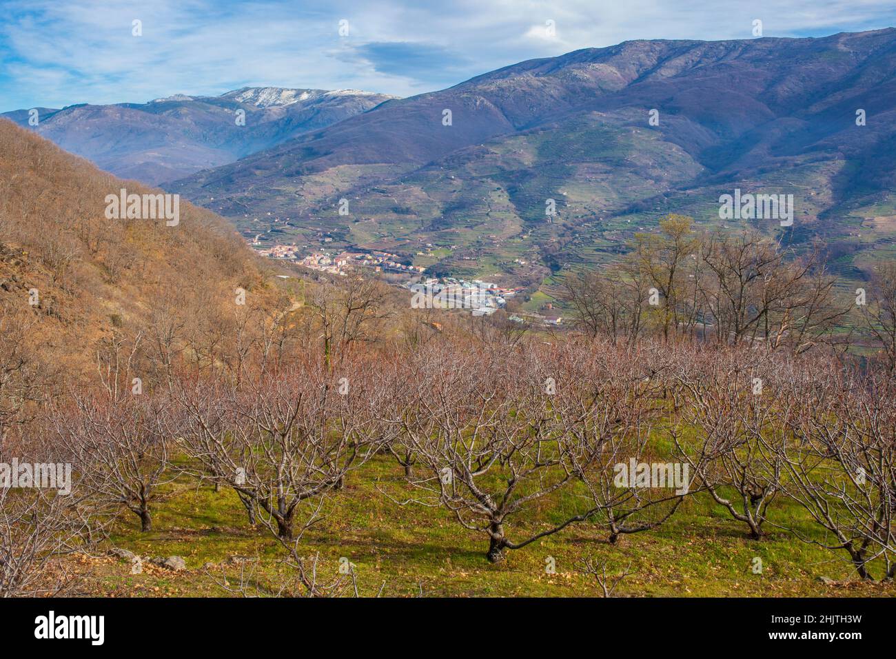 Navaconcejo von der Nogaleas-Schlucht aus gesehen. Winterszene von Jerte Valley, Caceres, Extremadura, Spanien Stockfoto