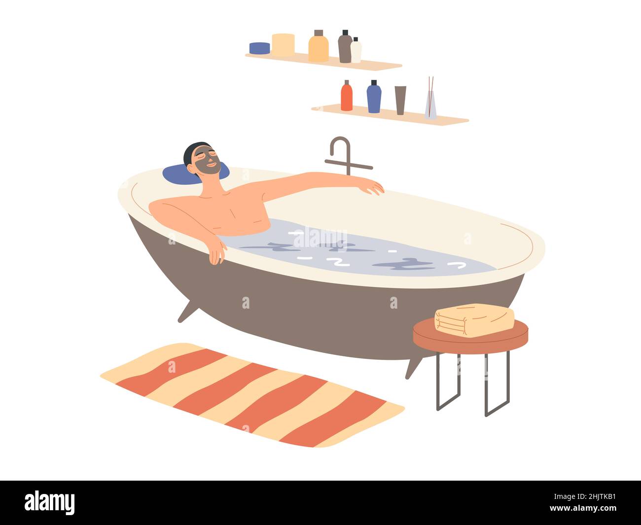 Ein Mann mit einer Tonmaske auf seinem Gesicht nimmt ein Bad. Stock Vektor
