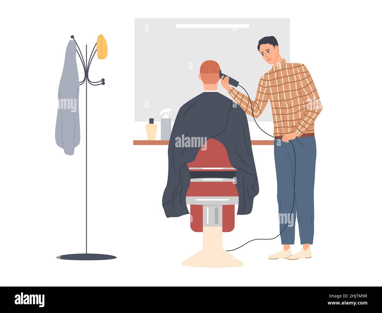 Friseur schneiden Haare von männlichen Kunden. Rückansicht. Stock Vektor