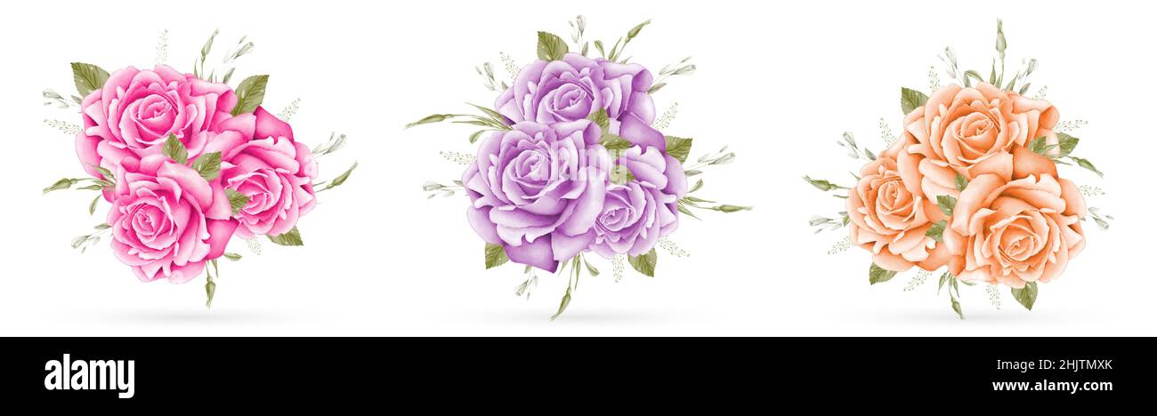 Wasserfarbener Rosenstrauß für Hochzeit, valentinstag, Einladung isoliert auf weißem Hintergrund Stock Vektor