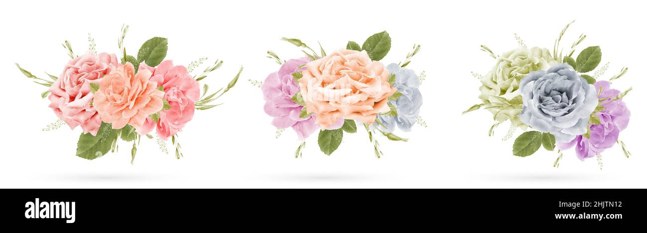 Wasserfarbener Rosenstrauß für Hochzeit, valentinstag, Einladung isoliert auf weißem Hintergrund Stock Vektor