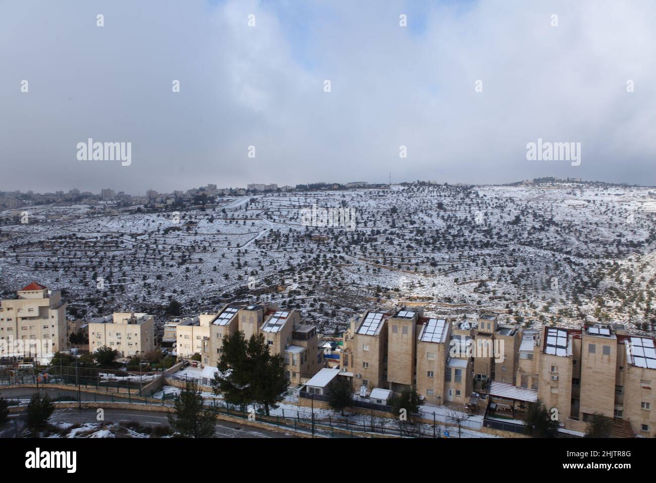 Schnee in Jerusalem und den umliegenden Bergen Stockfoto