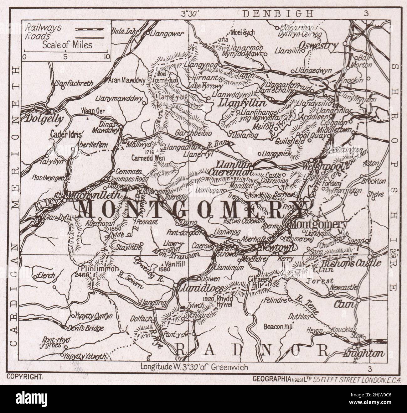 Karte von Montgomeryshire (1913) Stockfoto