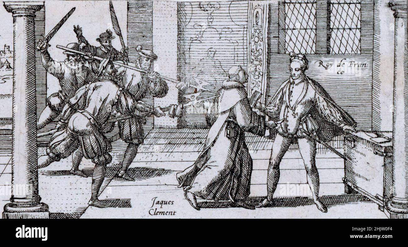 Jacques Clément, ein Verfechter der Katholischen Liga, schleichst Heinrich III. im Jahre 1589 Stockfoto