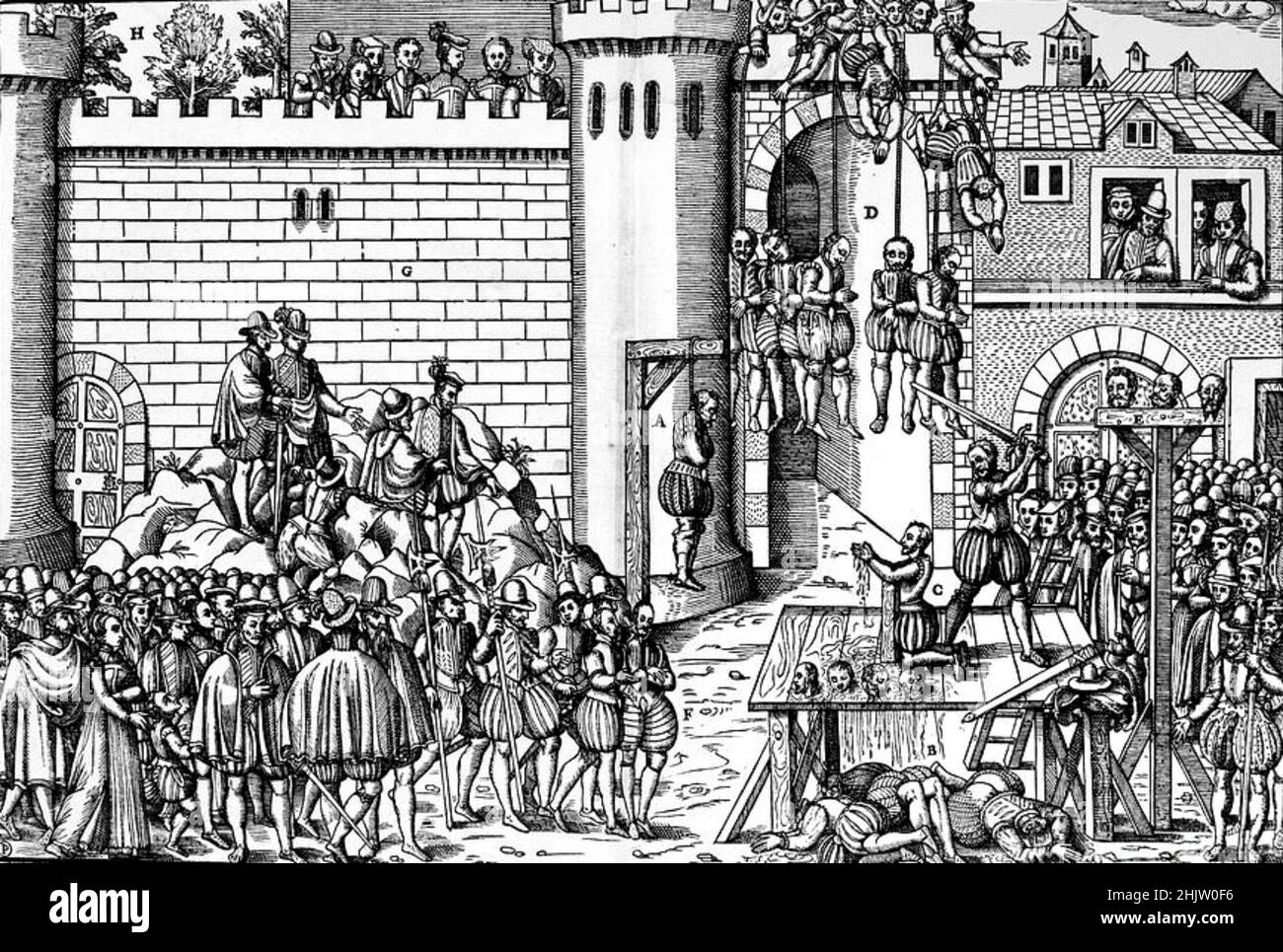 Ein Holzschnitt der Hinrichtungen von Protestanten in Amboise während der französischen Religionskriege Stockfoto