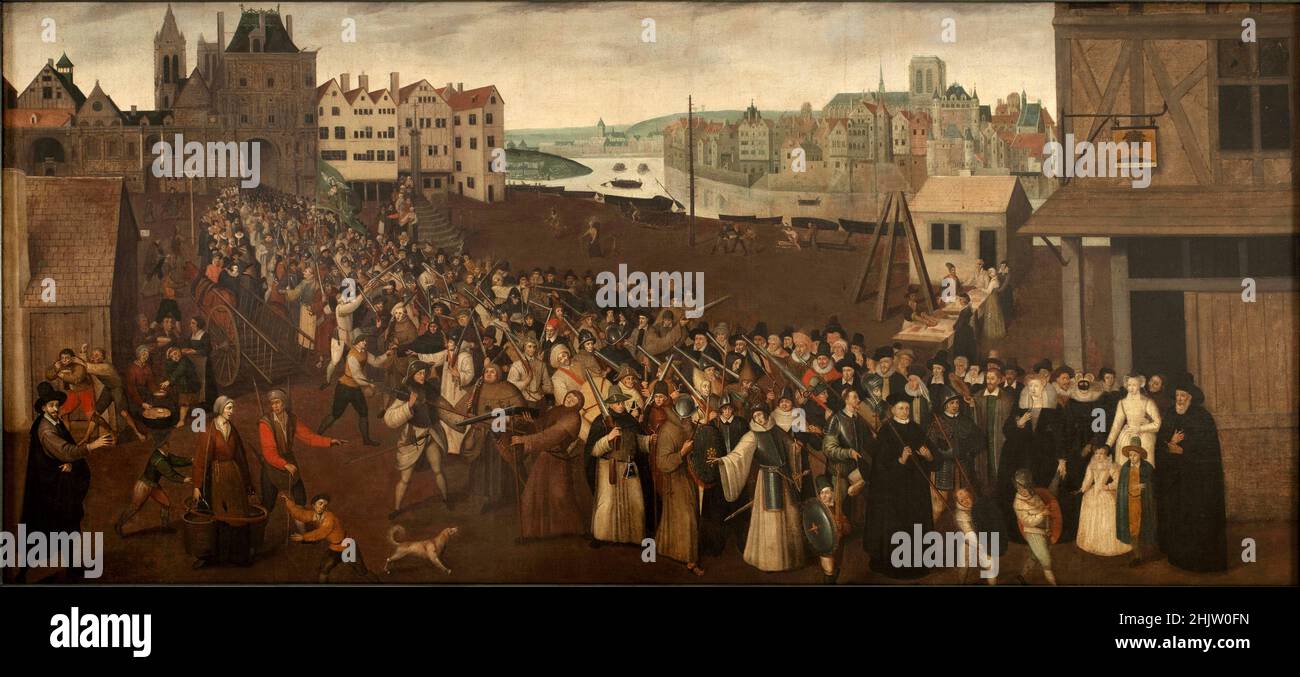 Bewaffnete Prozession der Katholischen Liga in Paris im Jahr 1590, während der französischen Religioinkriege Stockfoto