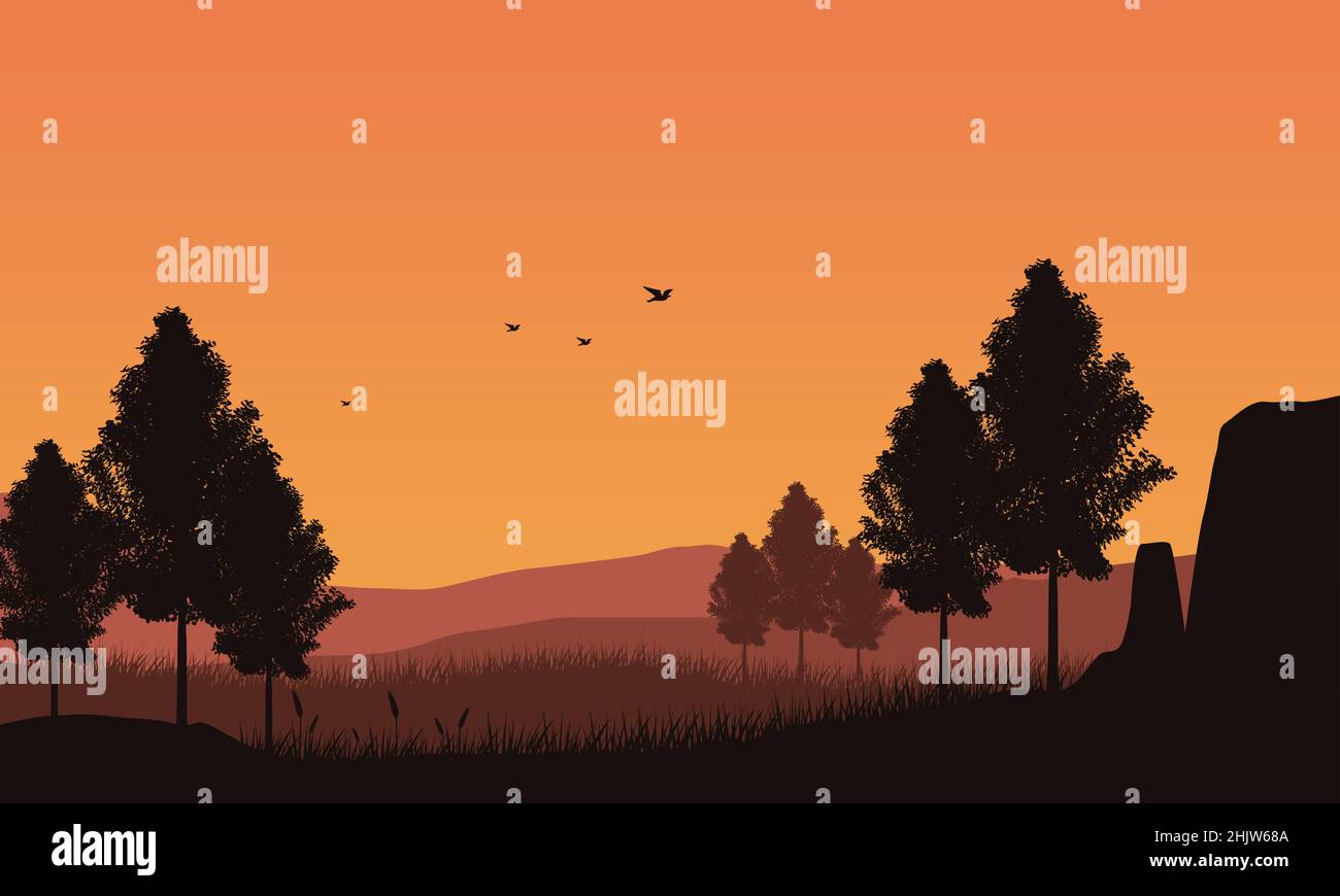 Unglaubliche Panorama-Silhouette der Berge mit trockenen Bäumen, die die Augen am Nachmittag von der Kante Klippe verwöhnt.Vektor-Illustration einer Stadt Stock Vektor