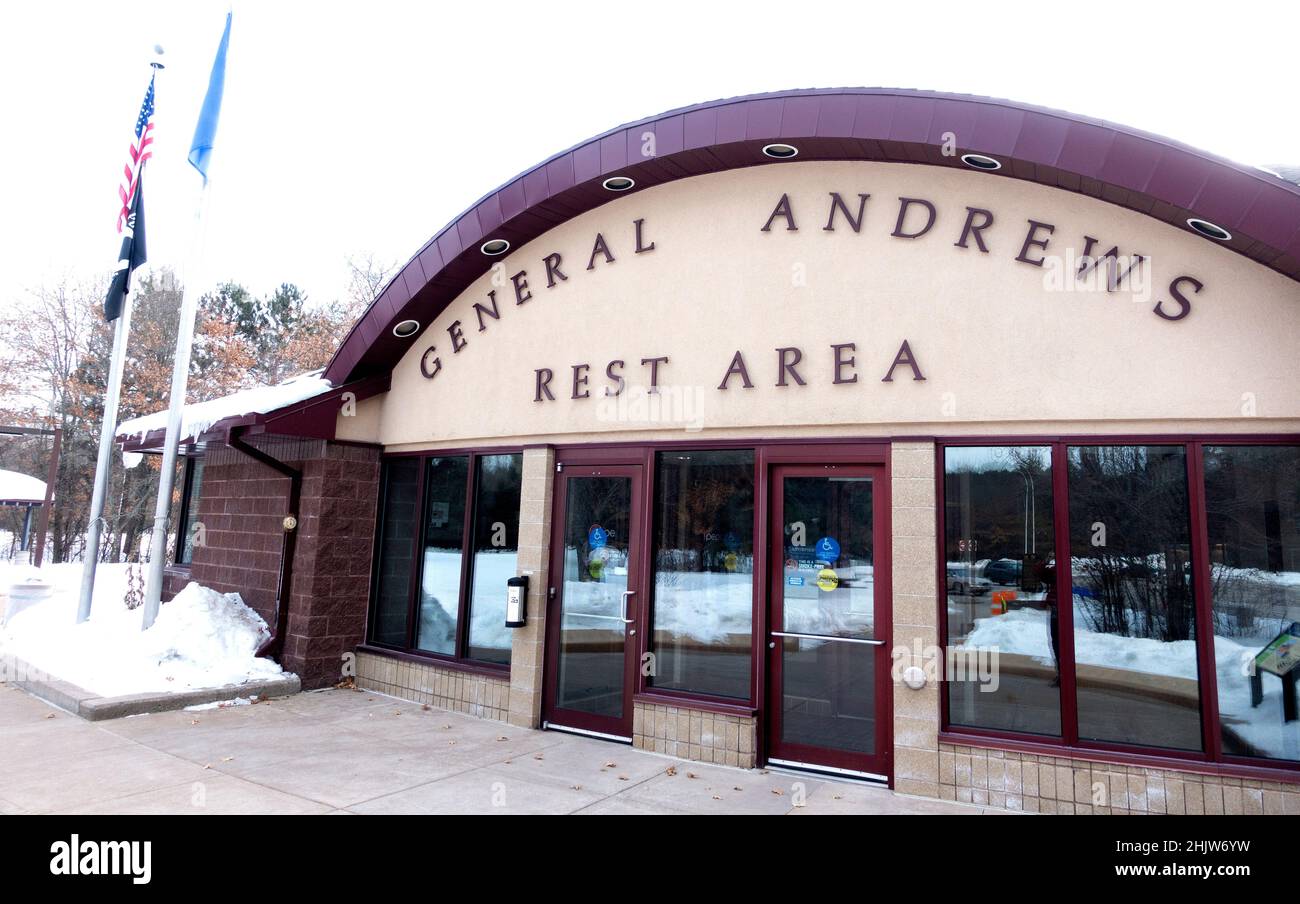 Eintritt zum Rastplatz General Andrews entlang des Freeway I35. Willow River Minnesota, USA Stockfoto