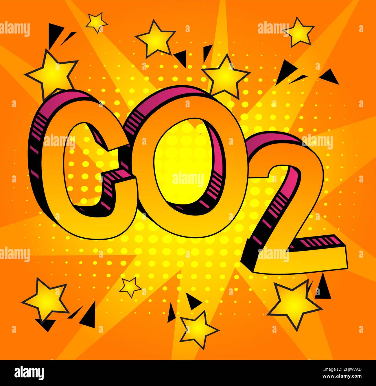 CO2. Comic-Wort Text auf abstrakten Comics Hintergrund. Illustration im Retro-Pop-Art-Stil. CO2 Emissionen Kohlendioxid-Luftverschmutzung reduzieren Stock Vektor