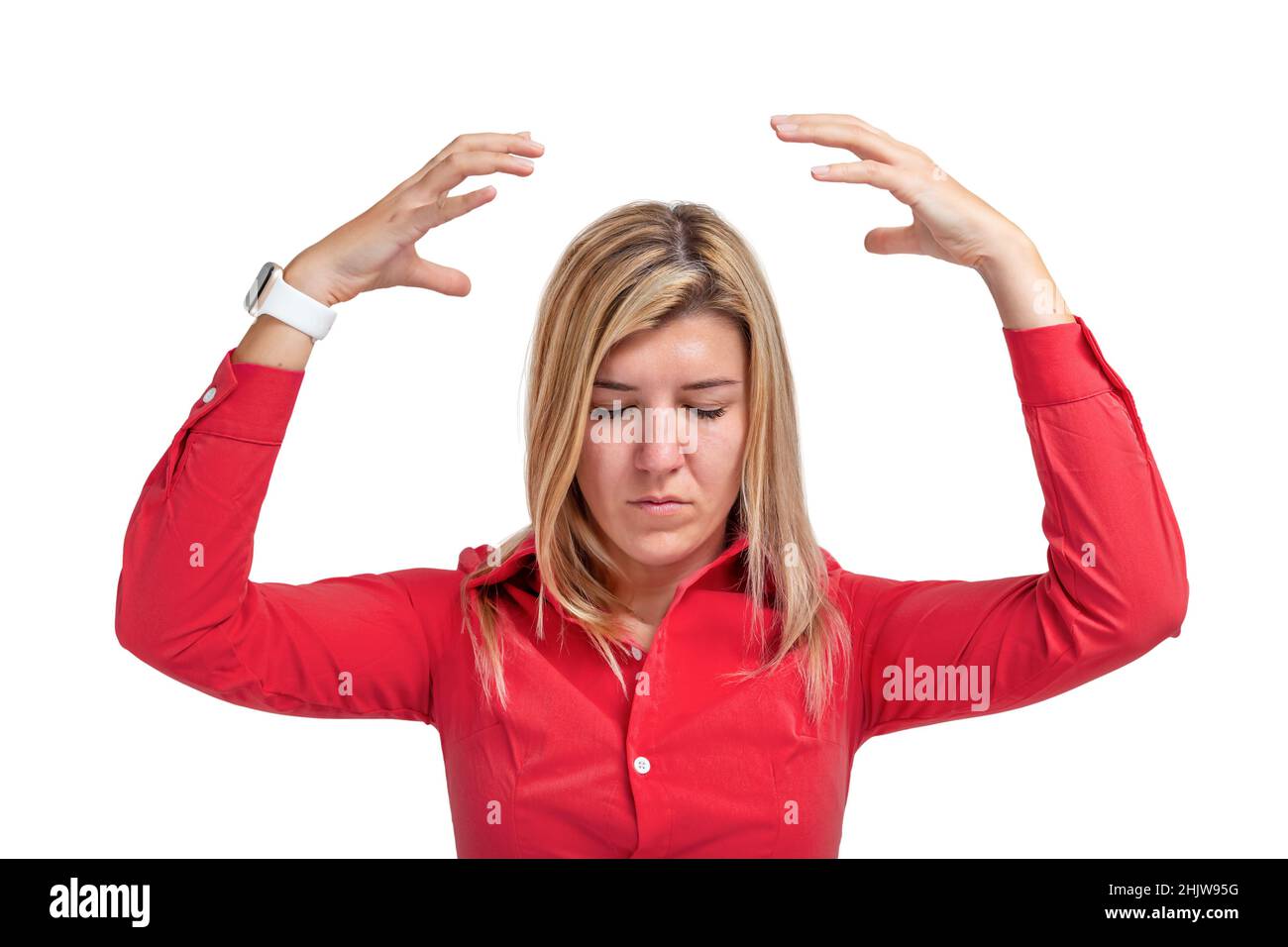 Junge Frau Gefühl psychologischen Druck isoliert auf weißem Hintergrund Stockfoto