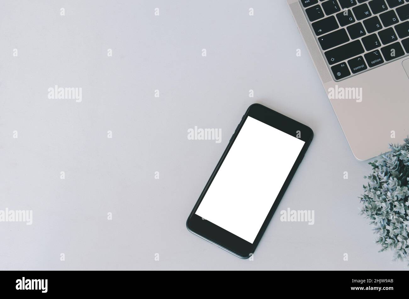Ein Mobiltelefon und einen Computer-Laptop mockup. Leerer Bildschirm mit Text oder Bild für eine Werbung. Stockfoto