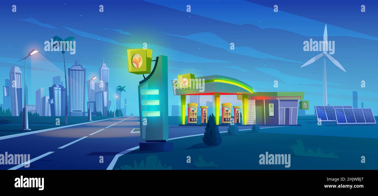 Gas- und Ladestation mit Ölpumpe, Kabel mit Stecker für Elektroauto, Solarzellen und Windkraftanlagen auf dem Weg in die Stadt. Vektorgrafik Cartoon Nacht Landschaft mit leeren Tankstellen Stock Vektor