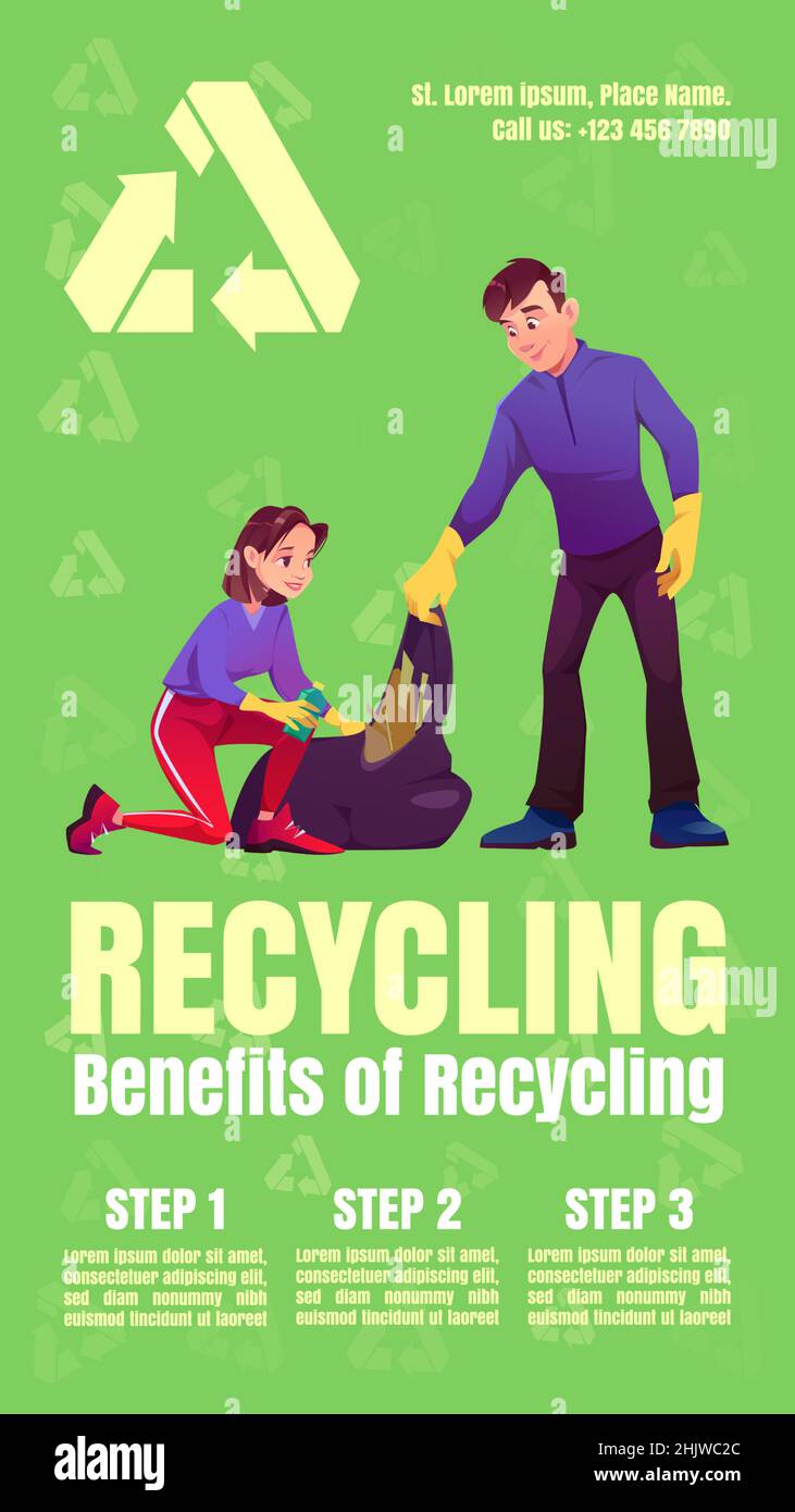 Vorteile des Recyclings von Infografiken Poster mit Menschen aufräumen. Mann und Frau sammeln Müll und stecken ihn in den Sack. Schritte Reduzieren Sie Plastik und Null Abfälle, sparen Natur Flyer, Cartoon-Vektor-Illustration Stock Vektor