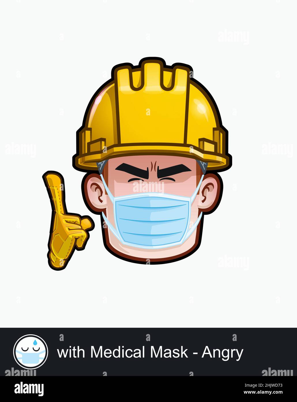 Ikone eines Bauarbeiters Gesicht mit wütend mit Medical Mask emotionalen Ausdruck. Alle Elemente übersichtlich auf gut beschriebenen Ebenen und Gruppen. Stock Vektor