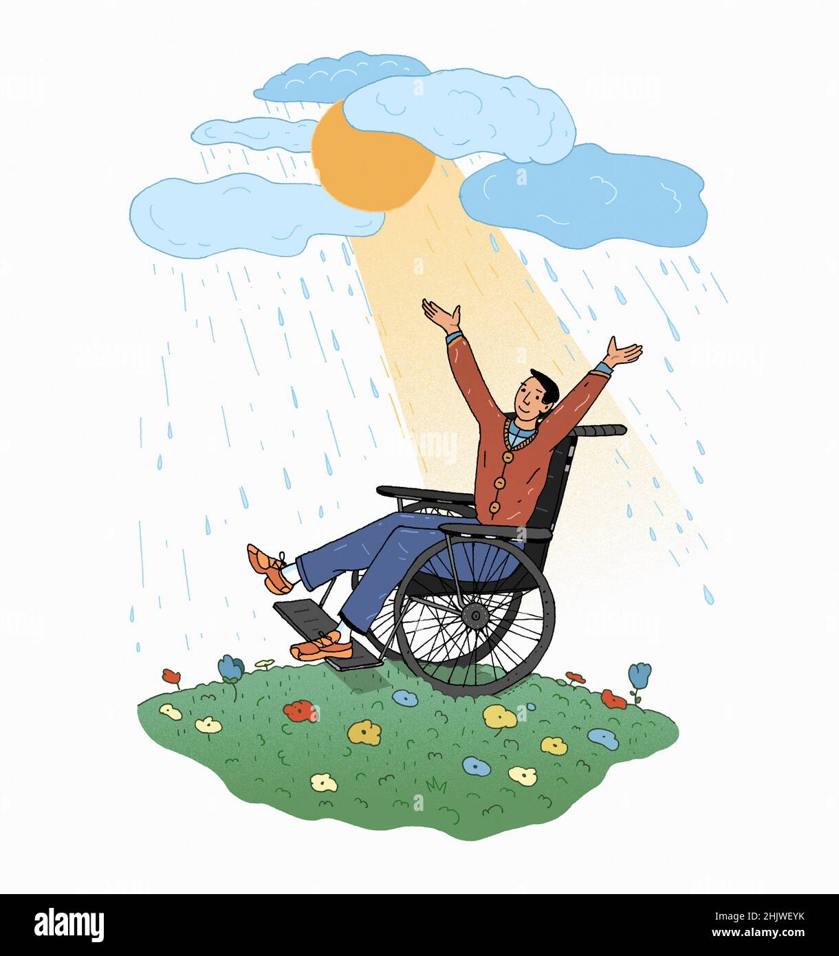 Sonne scheint auf glücklichen Mann im Rollstuhl Stockfoto
