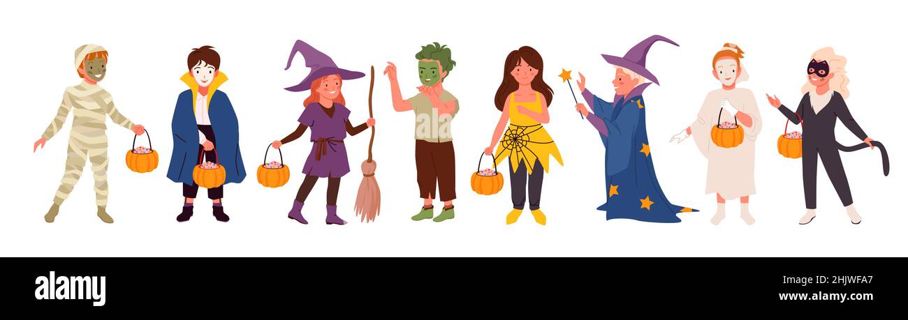 Halloween Party Kind Zeichen gesetzt, glücklich Kinder Vektor Illustration. Niedliche Mädchen Jungen in lustigen Monster Kostümen behandeln Kürbis an Halloween in den Händen Stock Vektor