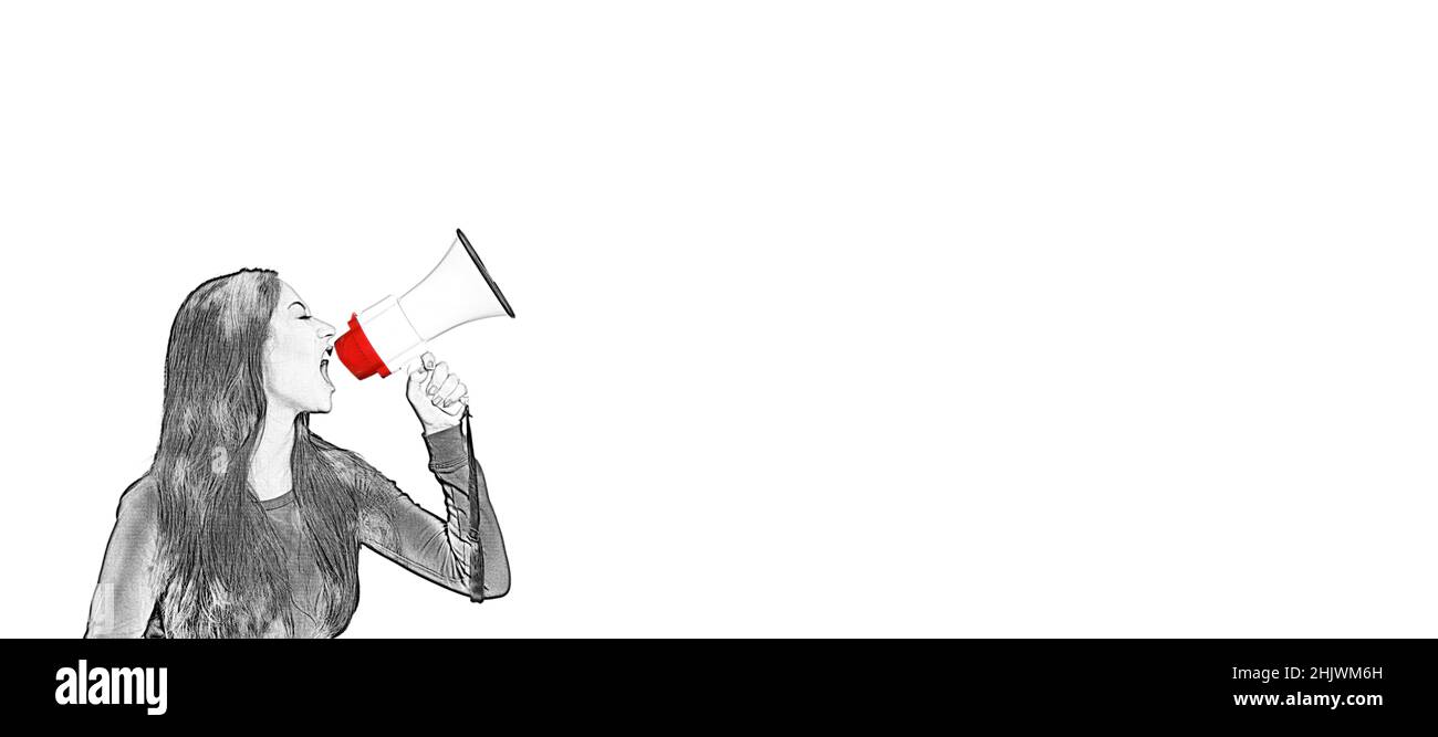 Junge Frau, die in einem konzeptuellen Panorama-Banner mit Copyspace in ein weißes Megaphon schreit Stockfoto