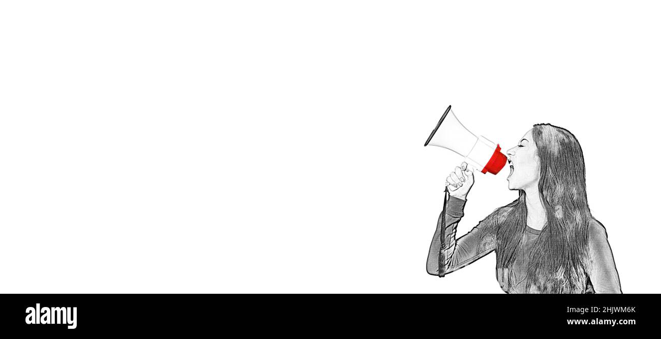 Junge Frau, die in einem konzeptuellen Panorama-Banner mit Copyspace in ein weißes Megaphon schreit Stockfoto