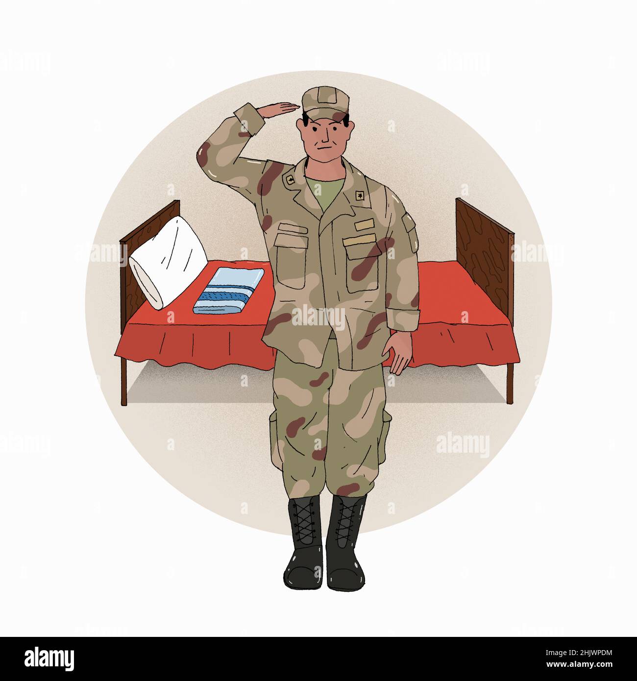 Soldat grüssend neben dem Bett stehend Stockfoto