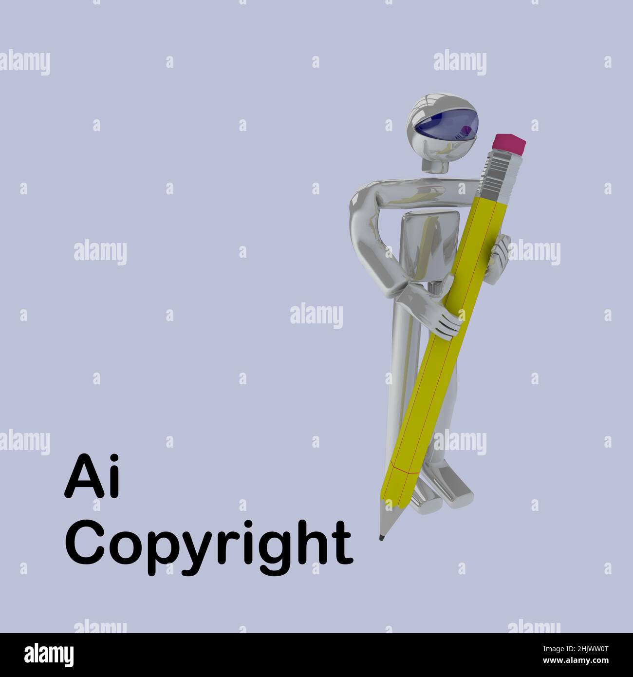 3D Abbildung eines Roboters mit einem symbolisch großen Bleistift, isoliert auf palle Blue. Stockfoto