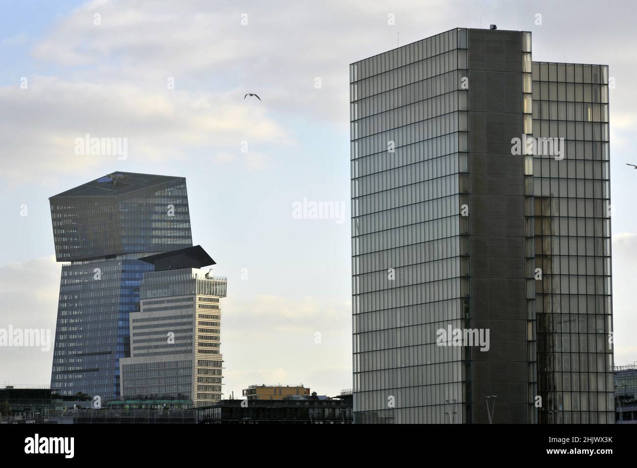 FRANKREICH. PARIS (75) 13TH ARR. DIE FRANCOIS MITTERRAND BIBLIOTHEK TGB. AUF DER LINKEN SEITE, IN PERSPEKTIVISCHER HINSICHT, DIE TÜRME DES DUOS, DIE VOM ARCHITEKTEN JEAN NOUVEL ENTWORFEN WURDEN. IMMED Stockfoto