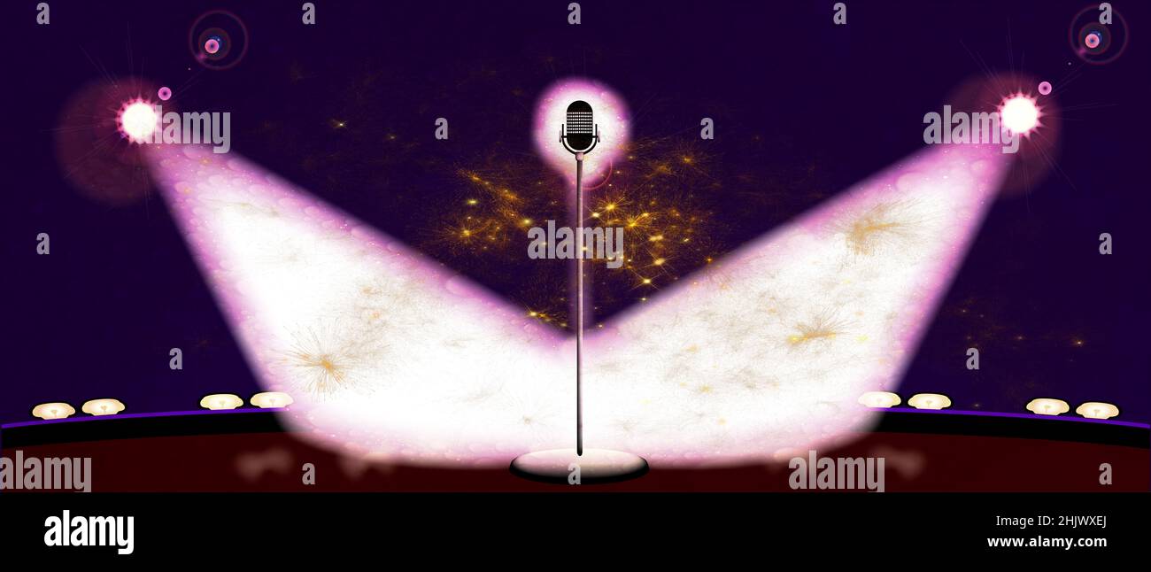 Ein Mikrofonspot, der von zwei Scheinwerfern auf einer breiten Bühne in Pink und Gold beleuchtet wird Stockfoto