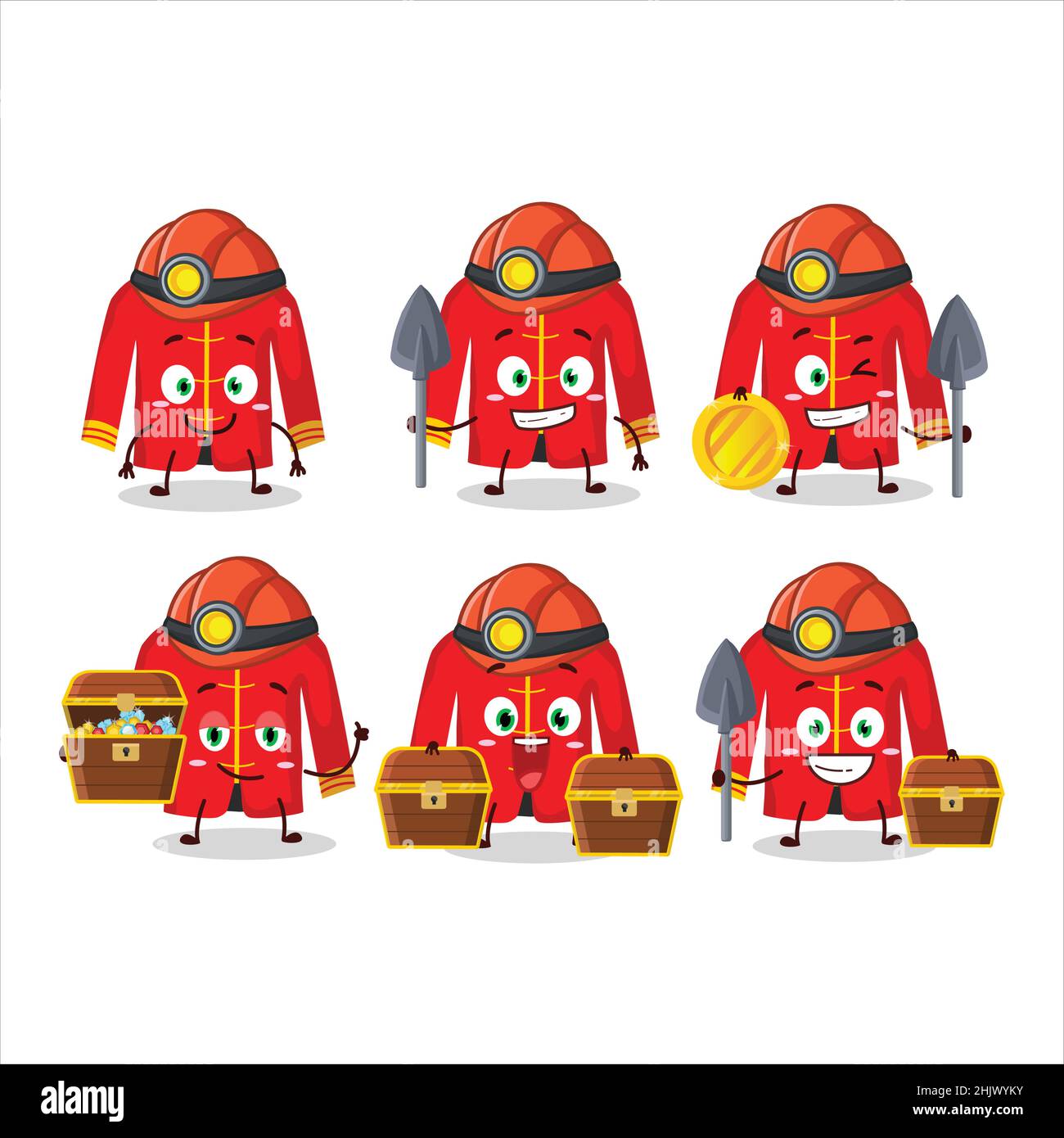 Bergleute rot chinesischen traditionellen Kostüm niedlichen Maskottchen Charakter trägt Helm. Vektorgrafik Stock Vektor