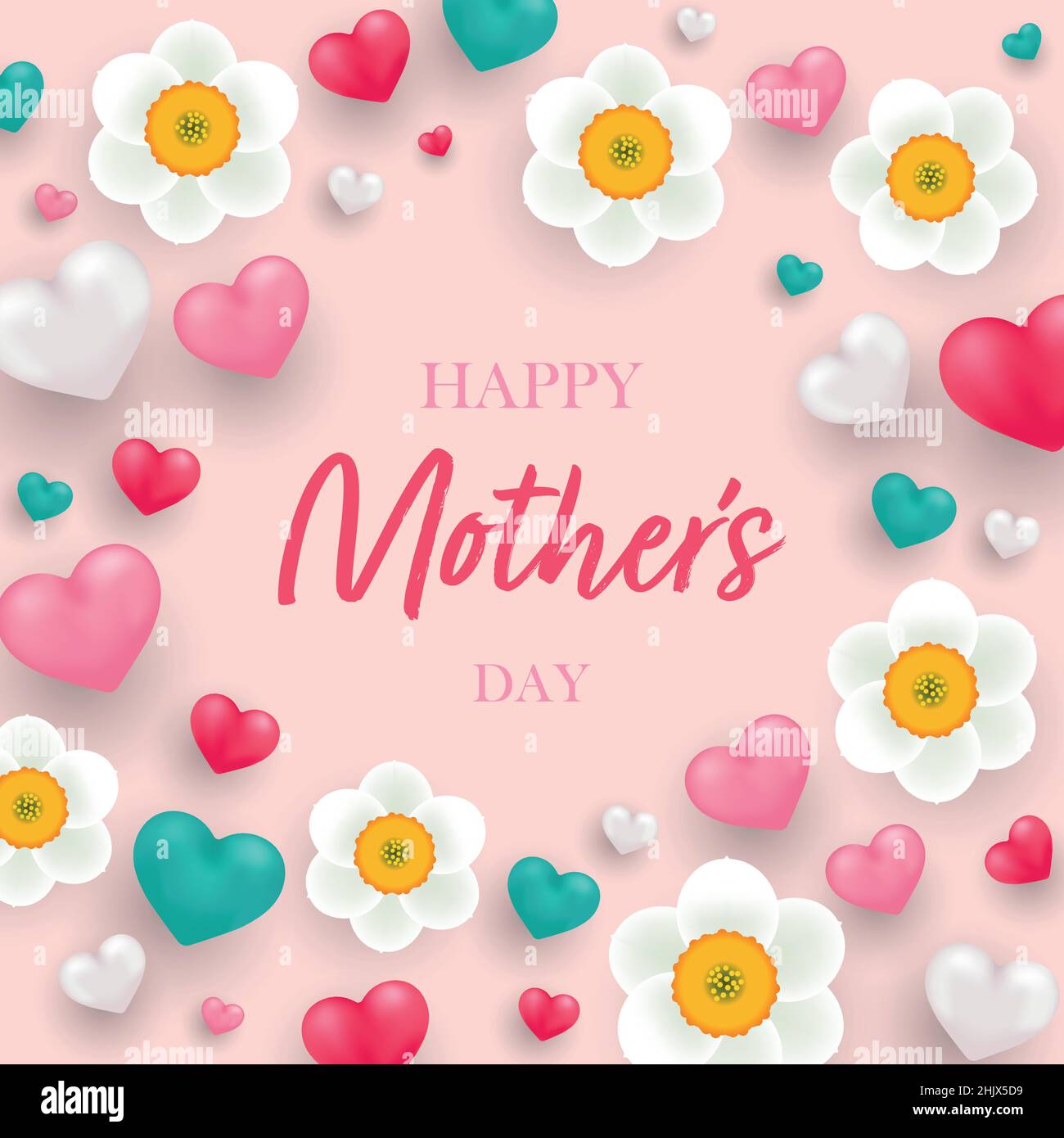 Glückwunschkarte zum Muttertag mit realistischen 3D Herzen und Narzissblüten. Vektor-isolierte Illustration Stock Vektor