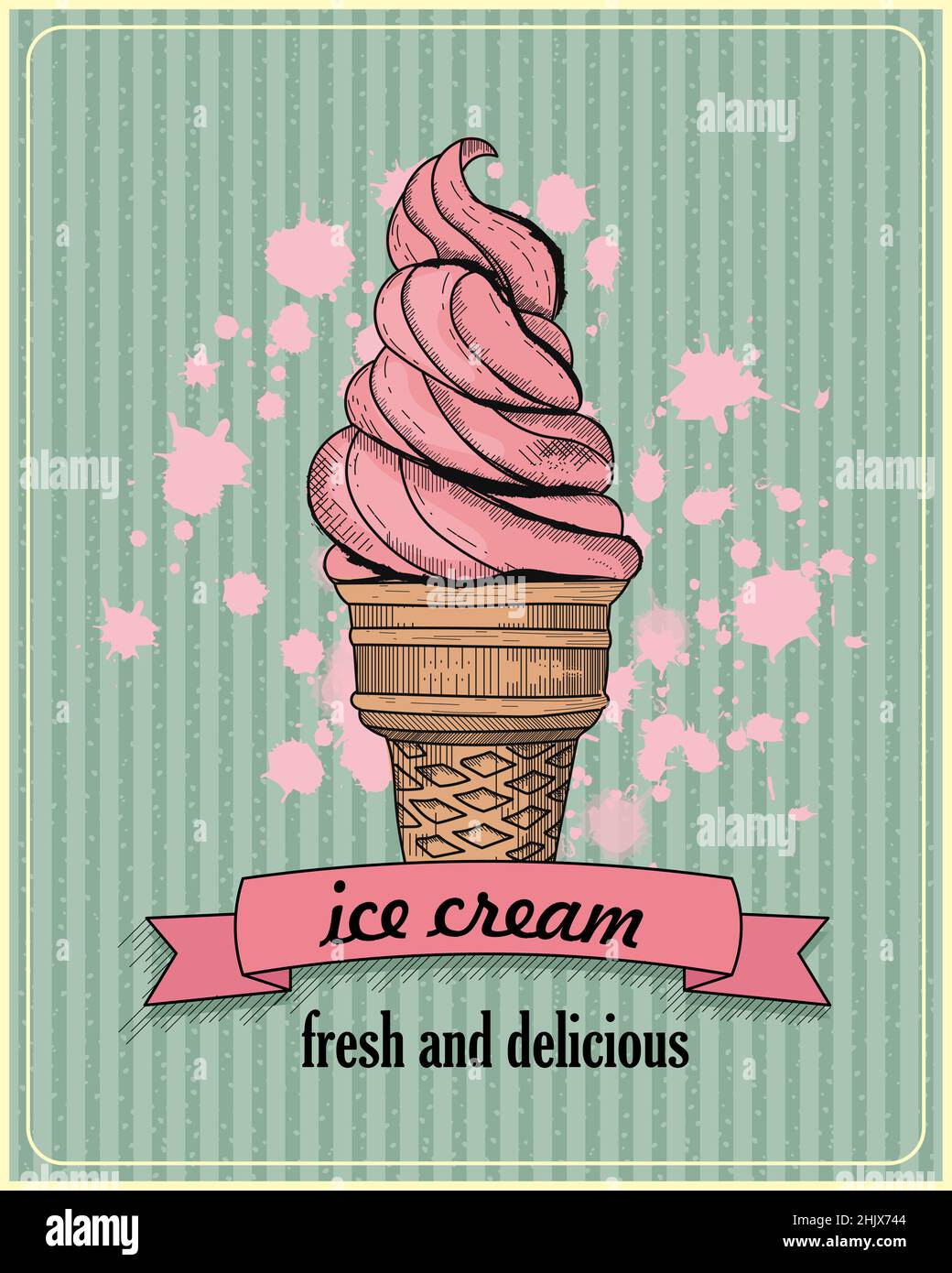 Poster mit Eiscreme im gravierten Vintage-Stil. Vektorgrafik im handgezeichneten Stil. Saisonale, sommerliche leckere Speisen Stock Vektor