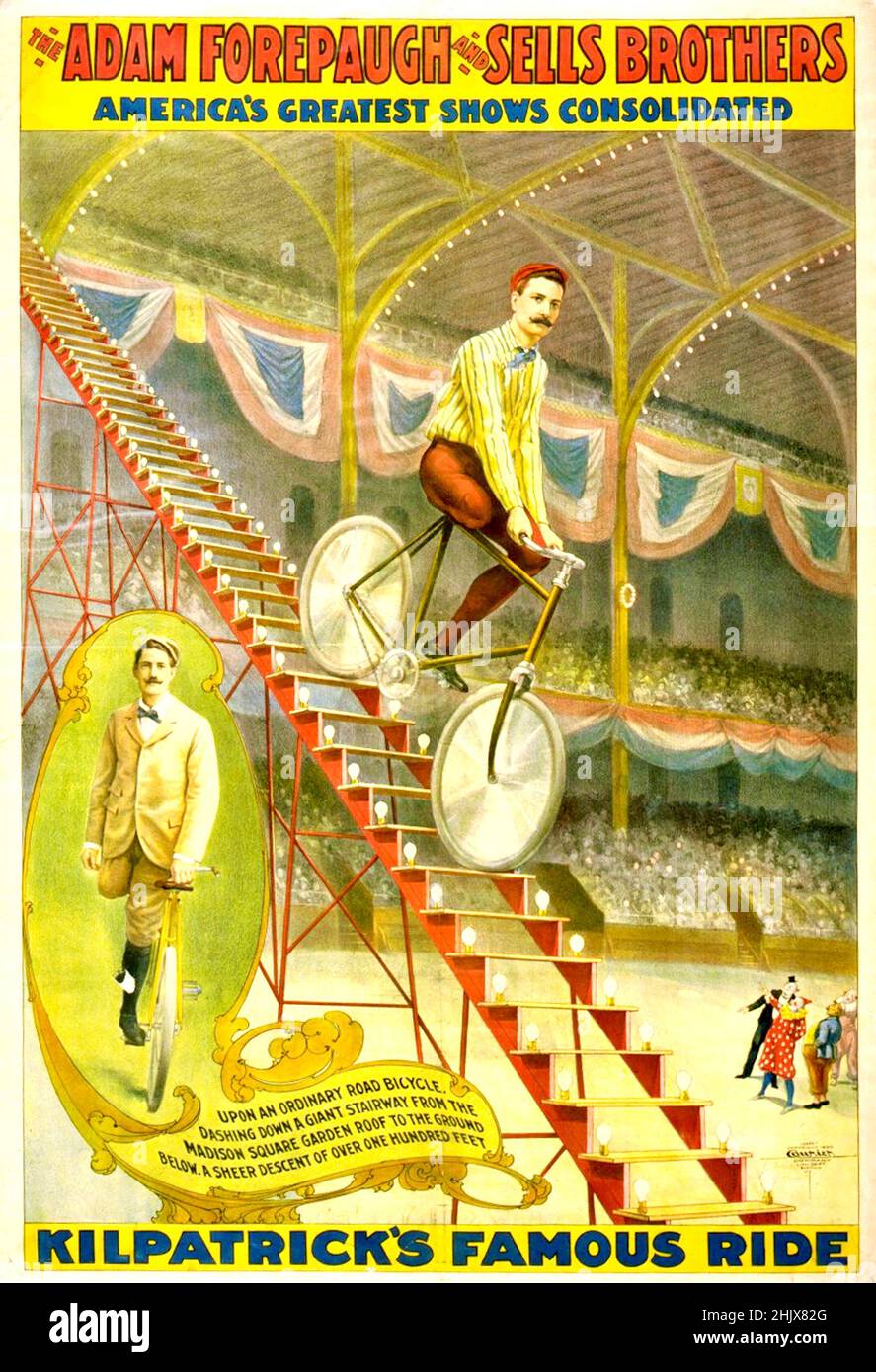 Adam Forepaugh and Sells Bros Circus Poster - Kilpatrick's Famous Ride - Cycling Act - 1900 Stockfoto