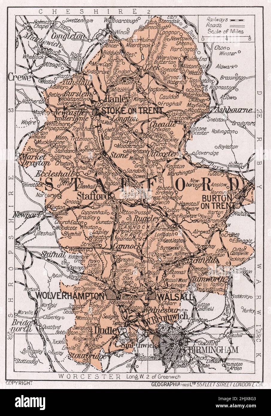 Karte von Staffordshire (1923) Stockfoto