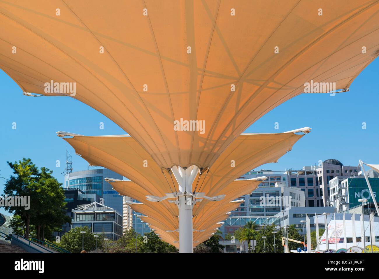 Eine Reihe von gelben Sonnenschirmen im Parque da Nacoes / EXPO 98. Lissabon, Portugal Stockfoto