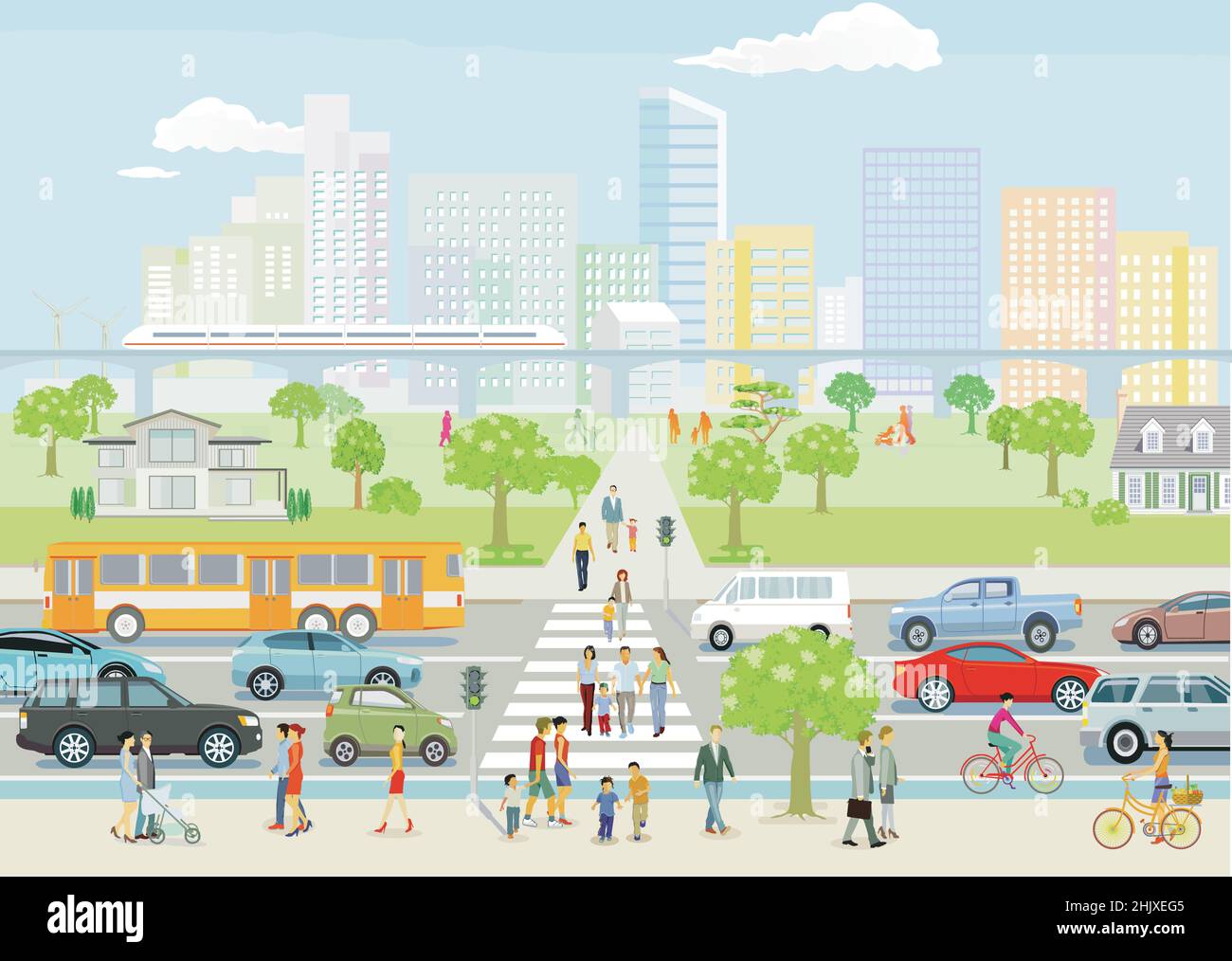 Silhouette der Stadt mit Menschen auf dem Fußgängerweg und Straßenverkehr, Illustration Stock Vektor
