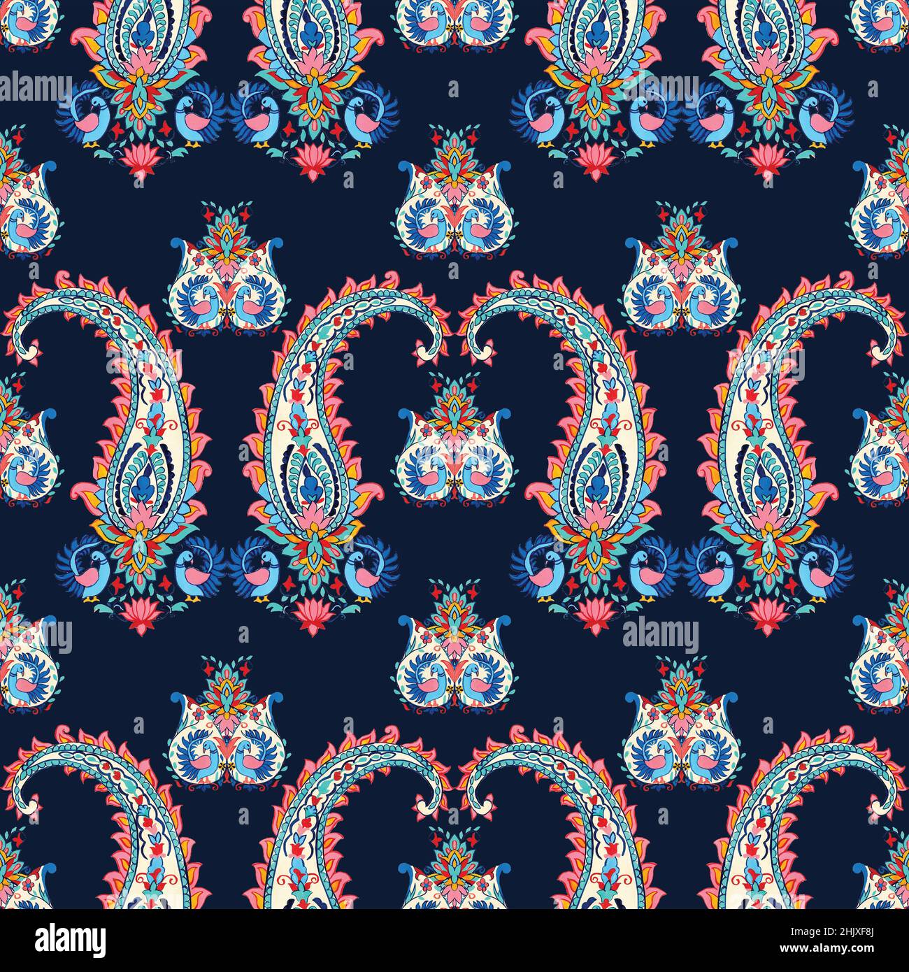 Nahtloses Paisley-Muster. Fantastische Blume, Blätter. Textiler Bohemian-Druck. Batik-Malerei. Stockfoto